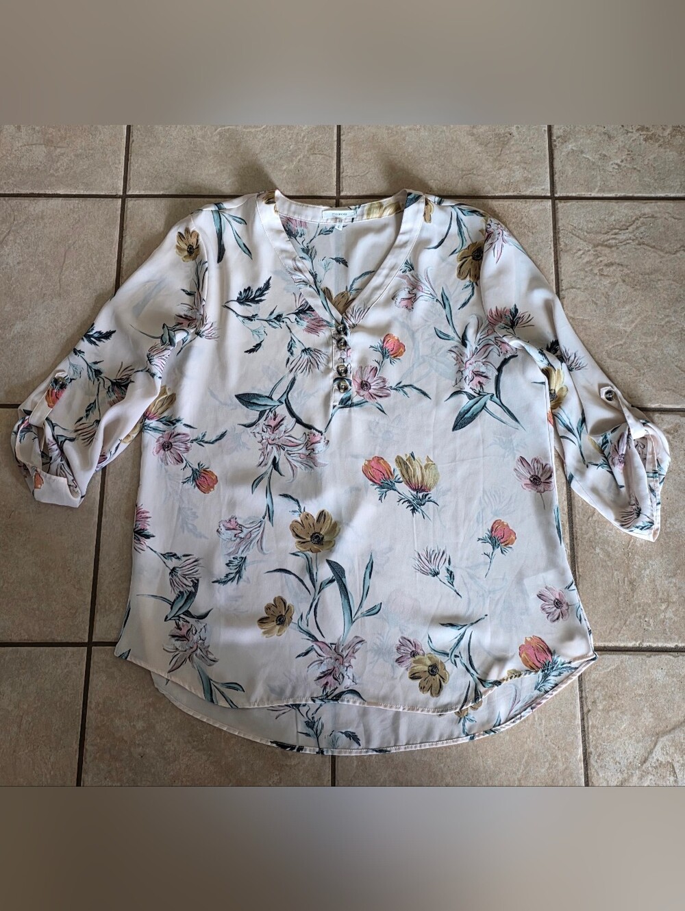 Maurices Floral V-Neck Blouse - Pink with Pastel Floral